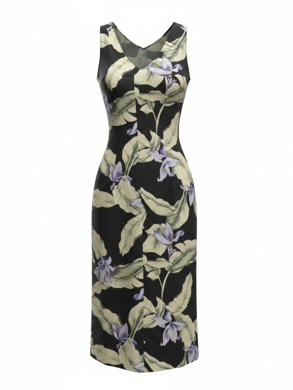 Tommy Bahama HAWAII Black Maxi Dress with Green Leaves and Lavender Floral Print